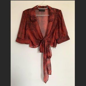 Snakeskin Printed Cropped Shear Front-Tie Shirt